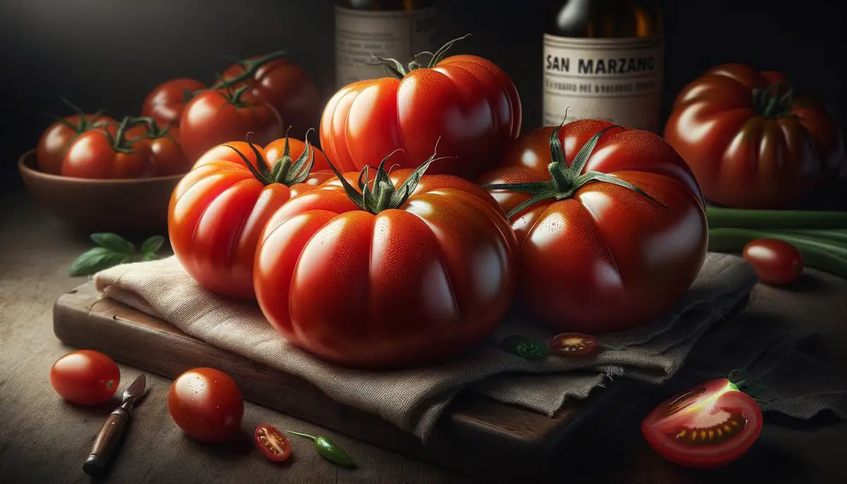 An image of fresh Roma and San Marzano tomatoes, both vibrant red in color, firm to the touch, and with a fragrant smell at the stem