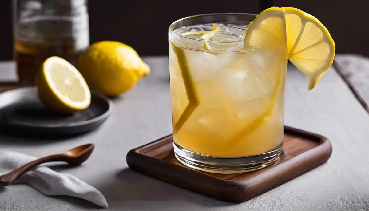 A refreshing glass of Switchel garnished with a slice of ginger and a lemon wedge.