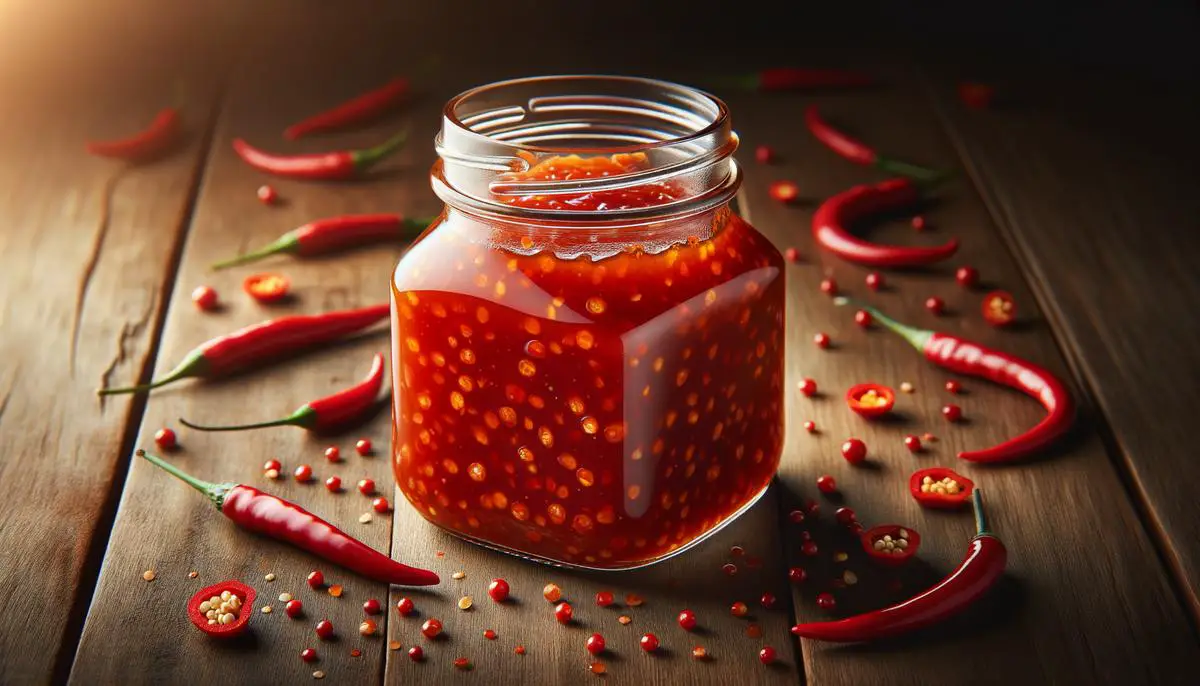 A jar of homemade Thai Sweet Chili Sauce with a glossy sheen, showcasing the vibrant red color and visible chili pepper seeds