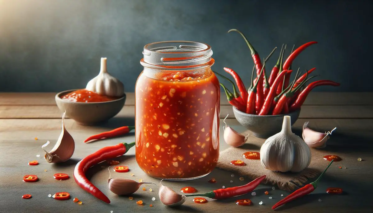 A delicious homemade Thai Sweet Chili Sauce in a glass jar with fresh red chilies and garlic on the side