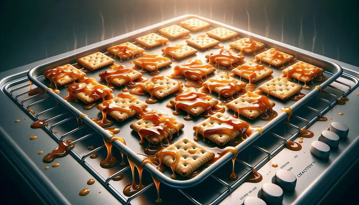 A close-up image of toffee-coated saltine crackers on a baking sheet, fresh out of the oven, with bubbling toffee spread across the crackers