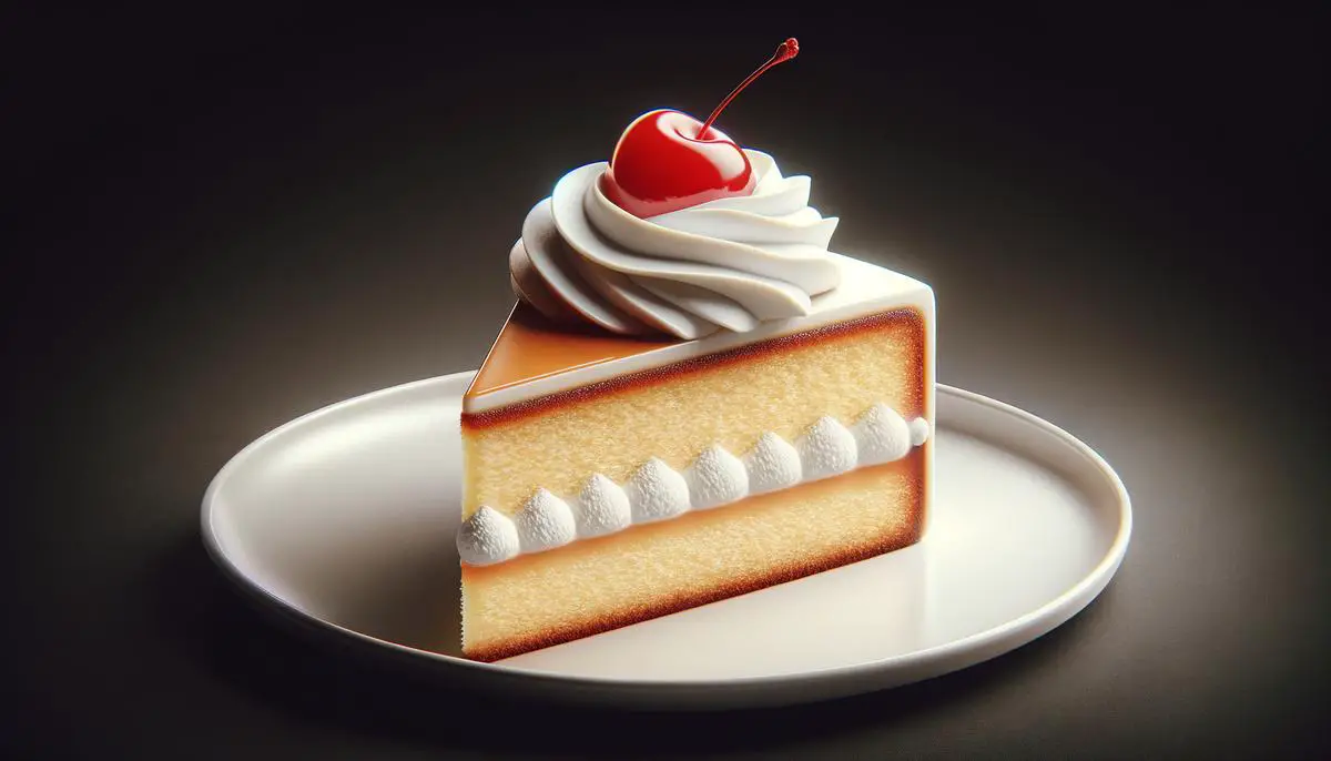 A delicious slice of tres leches cake topped with whipped cream and a cherry on a white plate, ready to be served