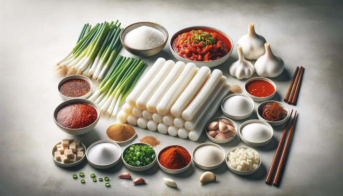 Variety of ingredients including rice cakes and gochujang for making Tteokbokki. Avoid using words, letters or labels in the image when possible.