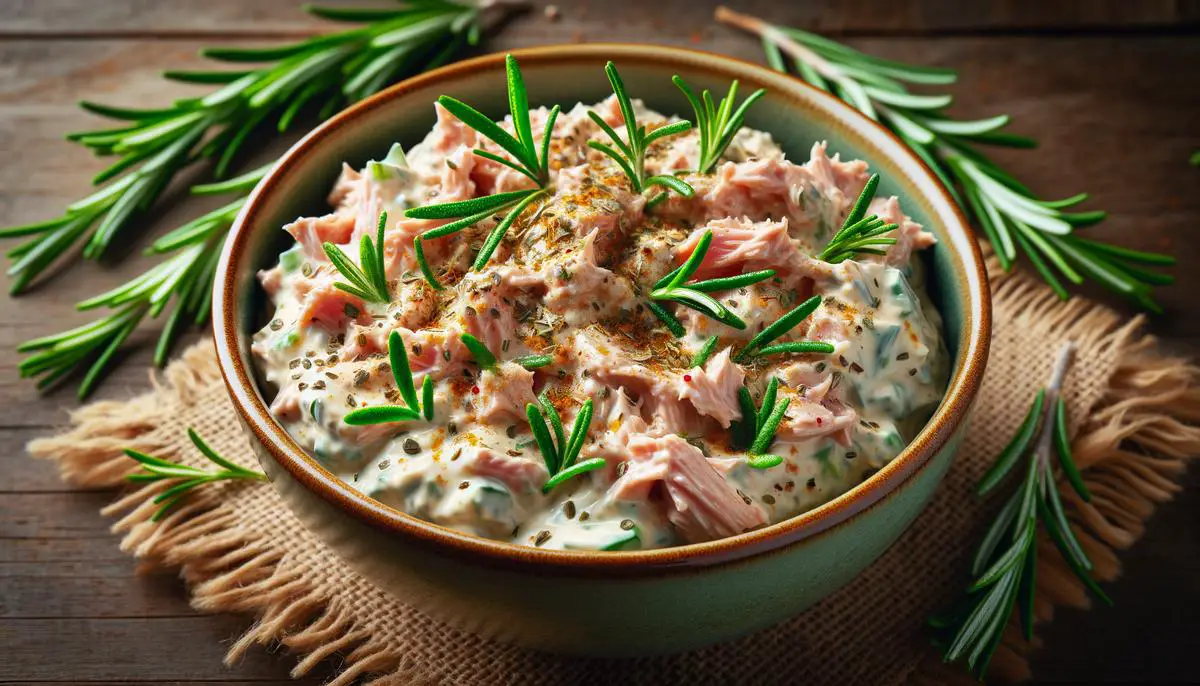A bowl of delicious tuna mayonnaise mix with fresh herbs and seasonings