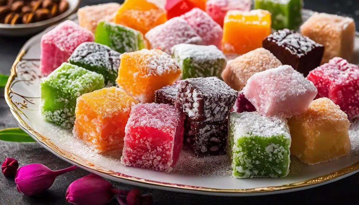 A plate of Turkish Delight, showcasing a variety of flavors and colors, with a sprinkle of powdered sugar on top.
