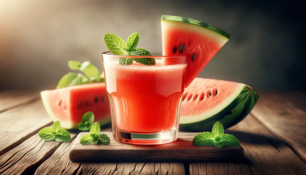 A realistic image of freshly made watermelon juice in a glass with a slice of watermelon on the rim, garnished with mint leaves, on a wooden table.