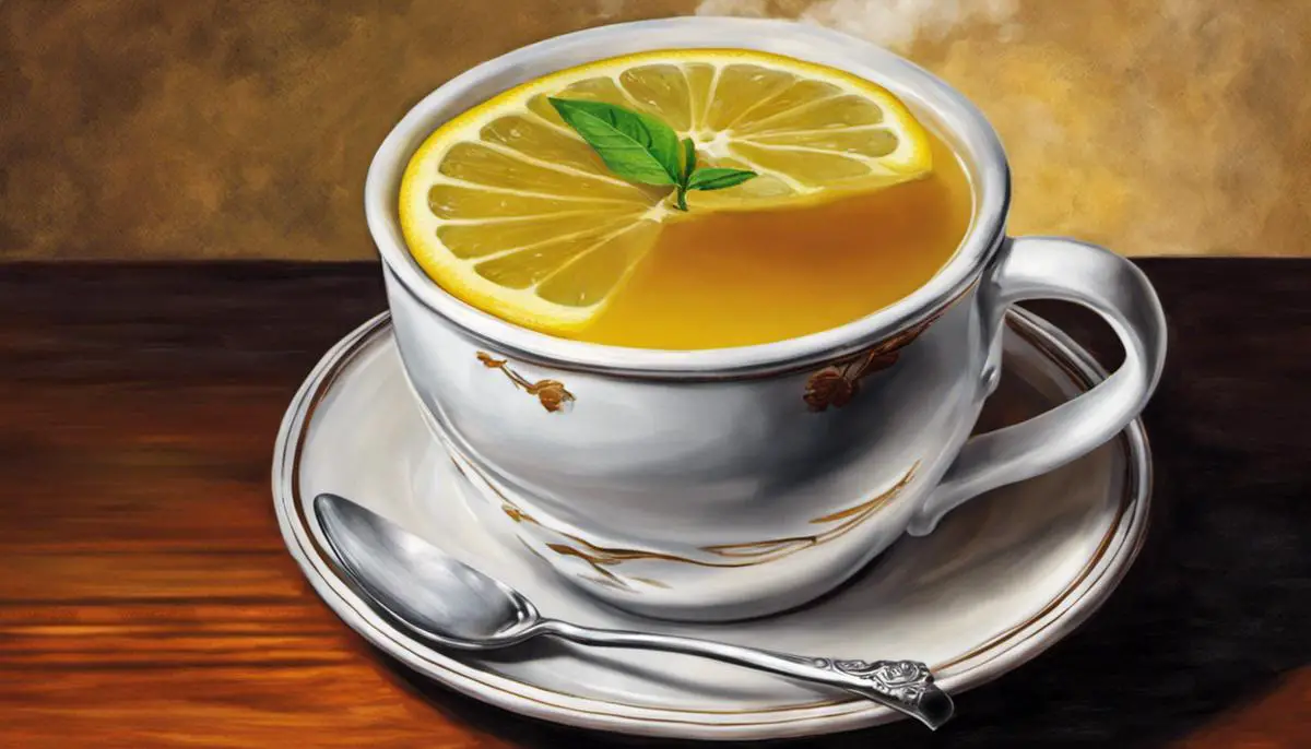 A picture of a steaming mug of aguapanela with a slice of lemon on the rim.