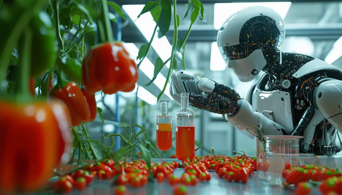 A futuristic depiction of artificial intelligence being used to study and manipulate the genetic makeup of habanero peppers in a lab setting.