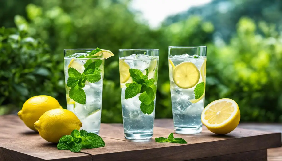 A glass of alkaline water with lemon and mint leaves, suggesting a refreshing and healthy beverage choice