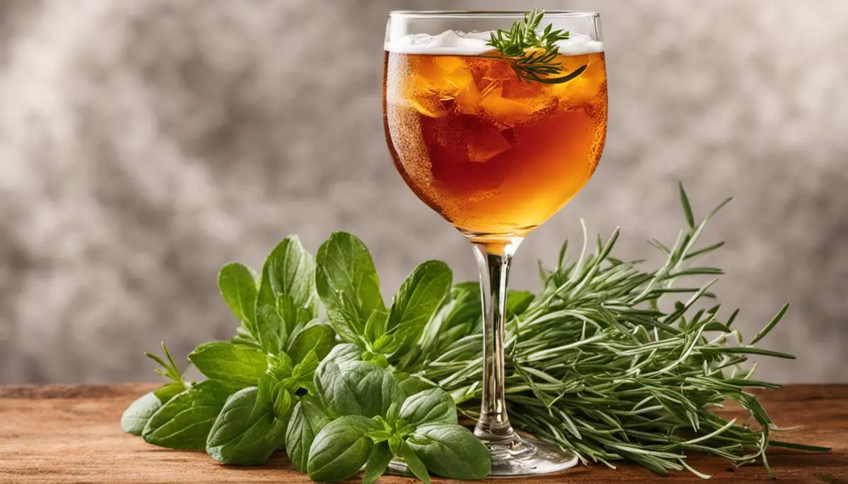 The image depicts a glass of Almdudler surrounded by a variety of herbs, representing its unique flavor profile.
