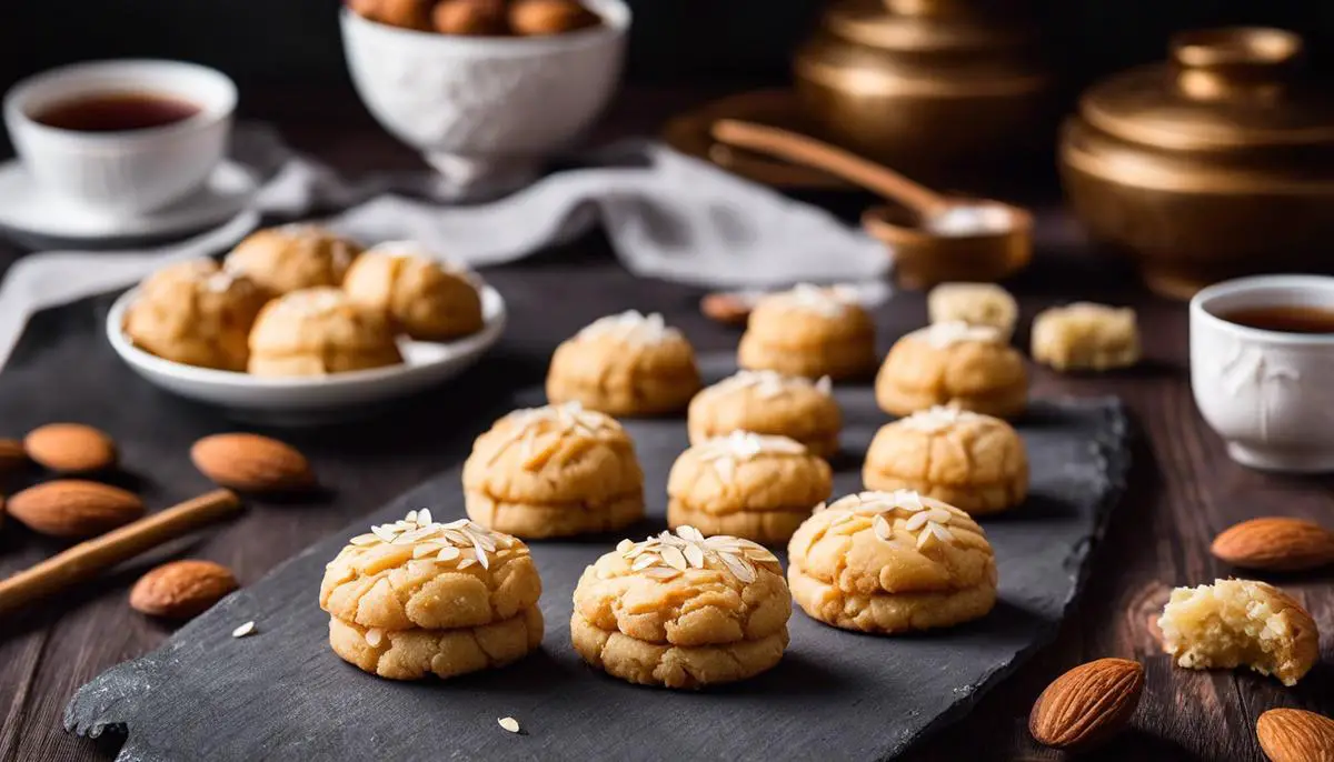 Chinese almond cookies with crackly tops and an almond in the center.