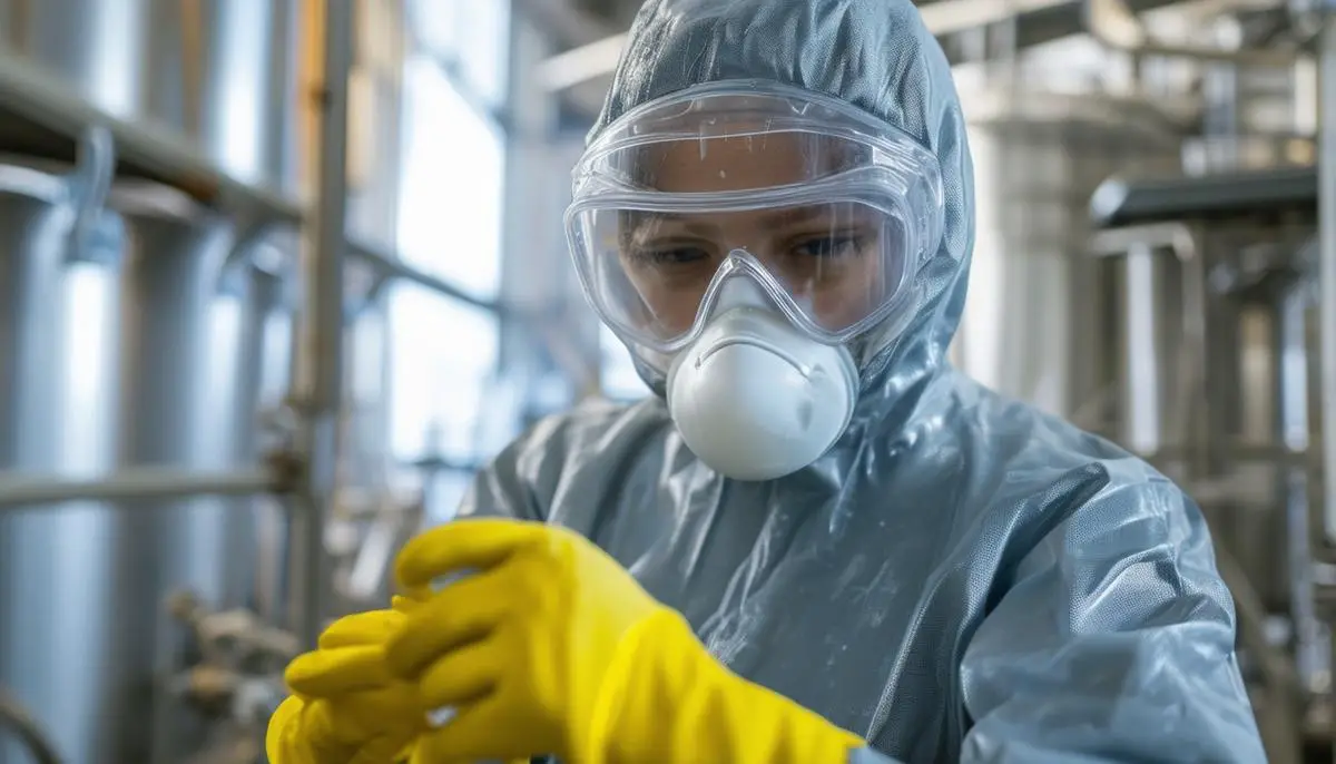 A person wearing personal protective equipment, including gloves, goggles, and a dust mask, while handling alum in an industrial setting.