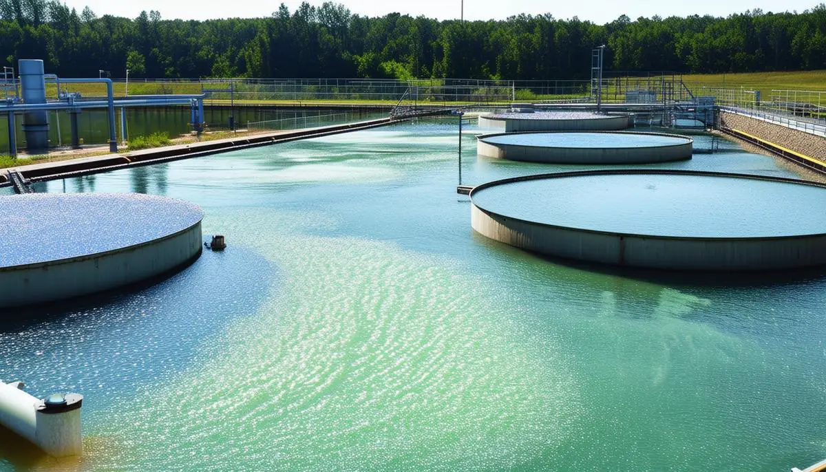 A water treatment facility with large clarifier tanks, showcasing the use of alum as a flocculating agent in the water purification process.