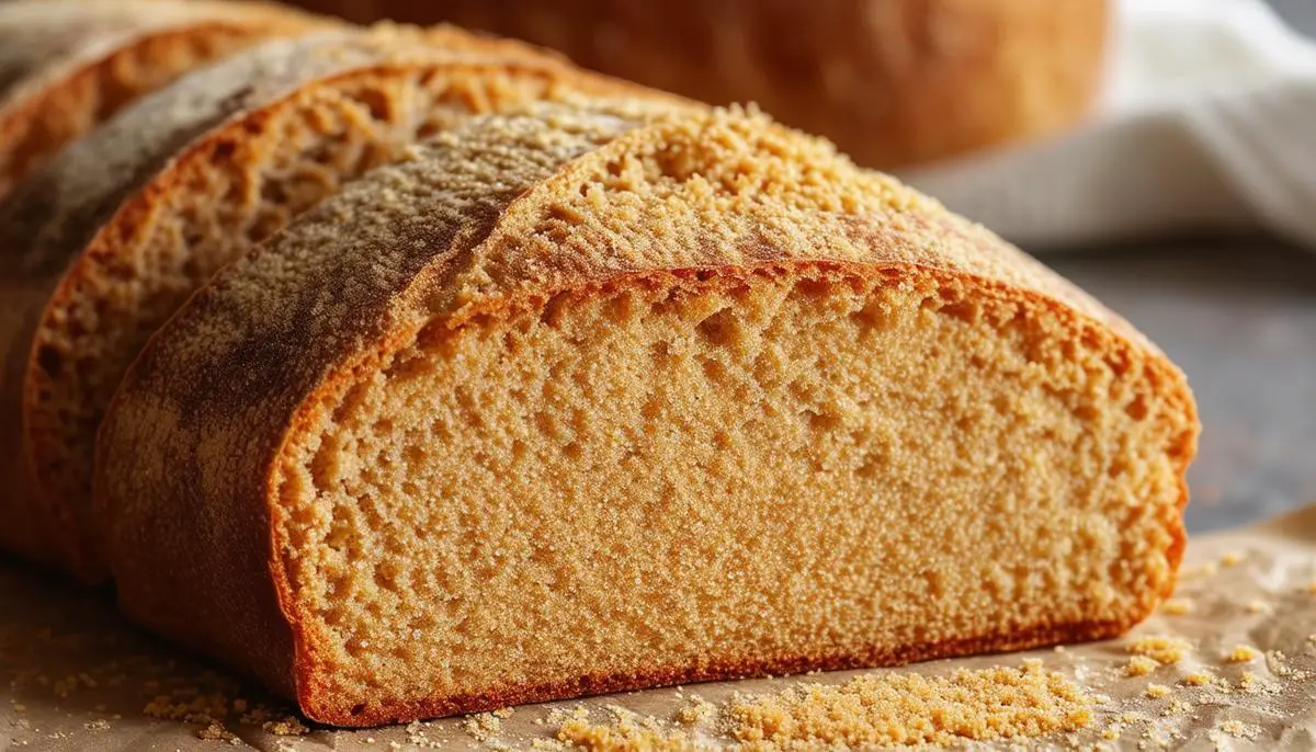 A close-up shot of the crumb structure of Anadama bread, showing the dense, moist interior with a slightly coarse texture from the cornmeal.