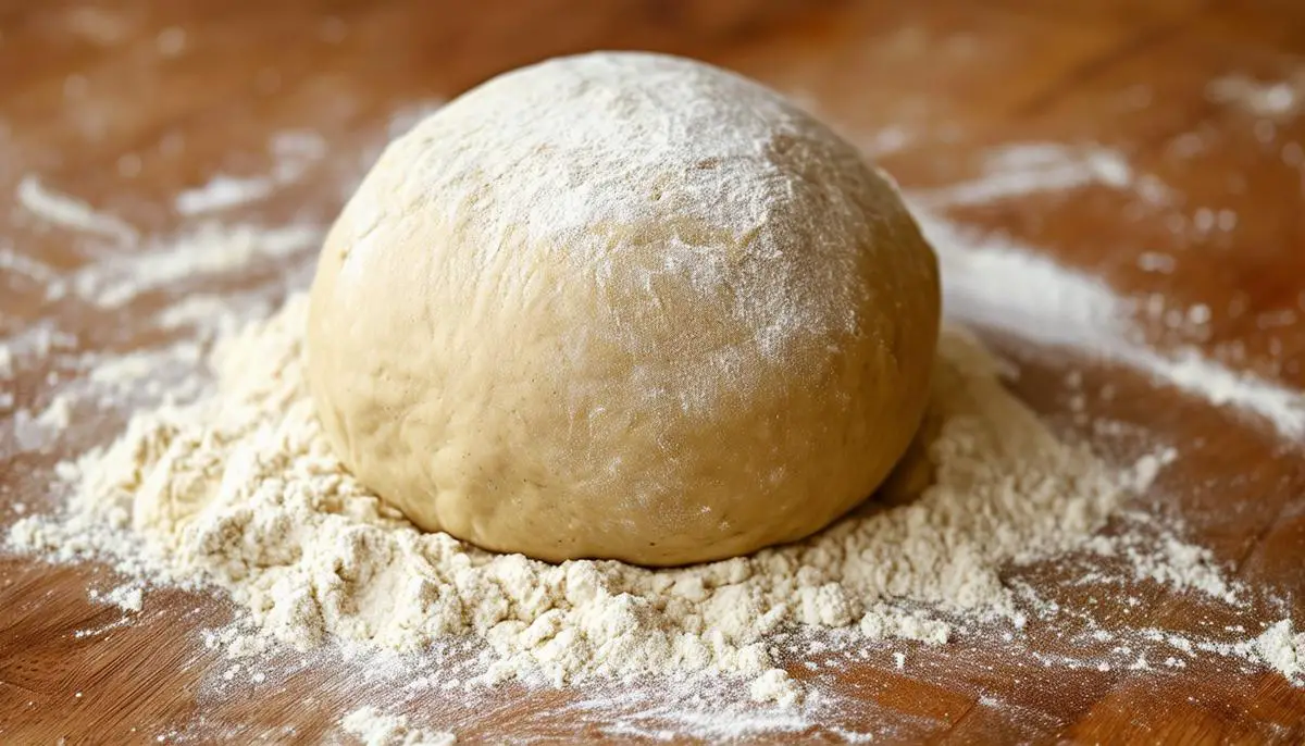 A ball of Anadama bread dough on a floured wooden surface, ready to be kneaded and shaped into a loaf.