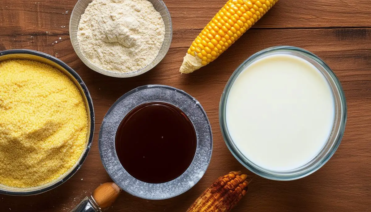 The ingredients for Anadama bread, including cornmeal, molasses, flour, yeast, and milk, arranged on a wooden surface.