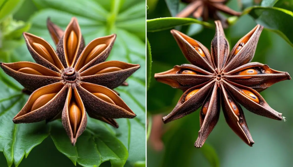 A photograph depicting the botanical origins of anise and star anise, showcasing the flowering anise plant and the star-shaped pericarps of the star anise tree.