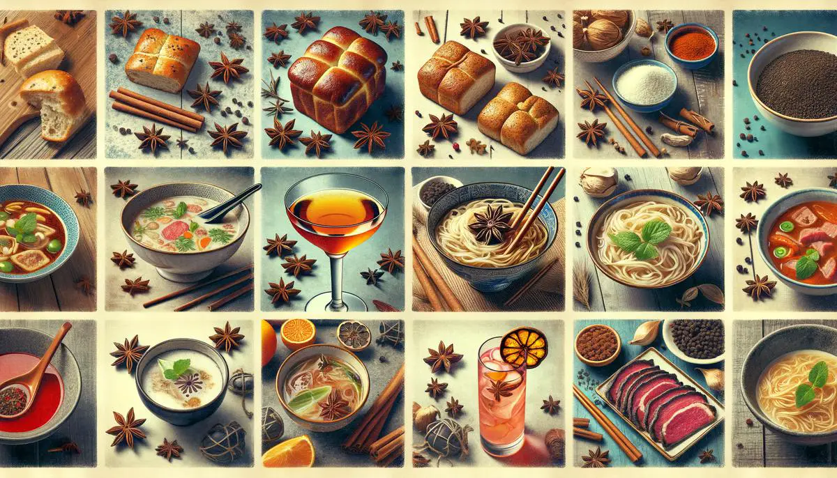 A photograph showcasing various culinary applications of anise and star anise, such as in traditional European desserts, Asian soups, and modern cocktails.