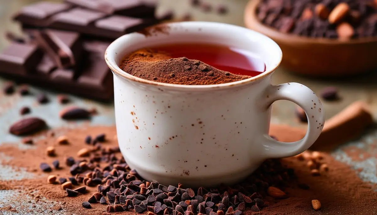 A cup of antioxidant-rich cacao tea with cacao powder and cacao nibs scattered around it