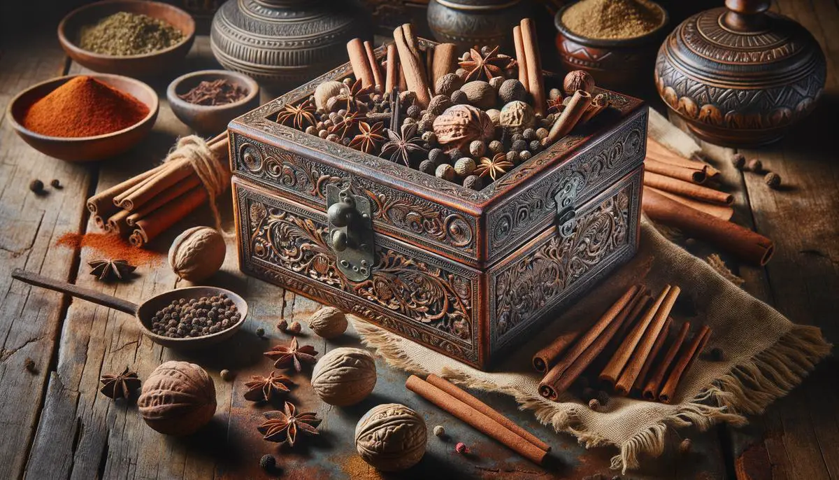 An antique wooden spice box with ornate carvings, filled with old-world spices to represent the historical importance of the spice trade.