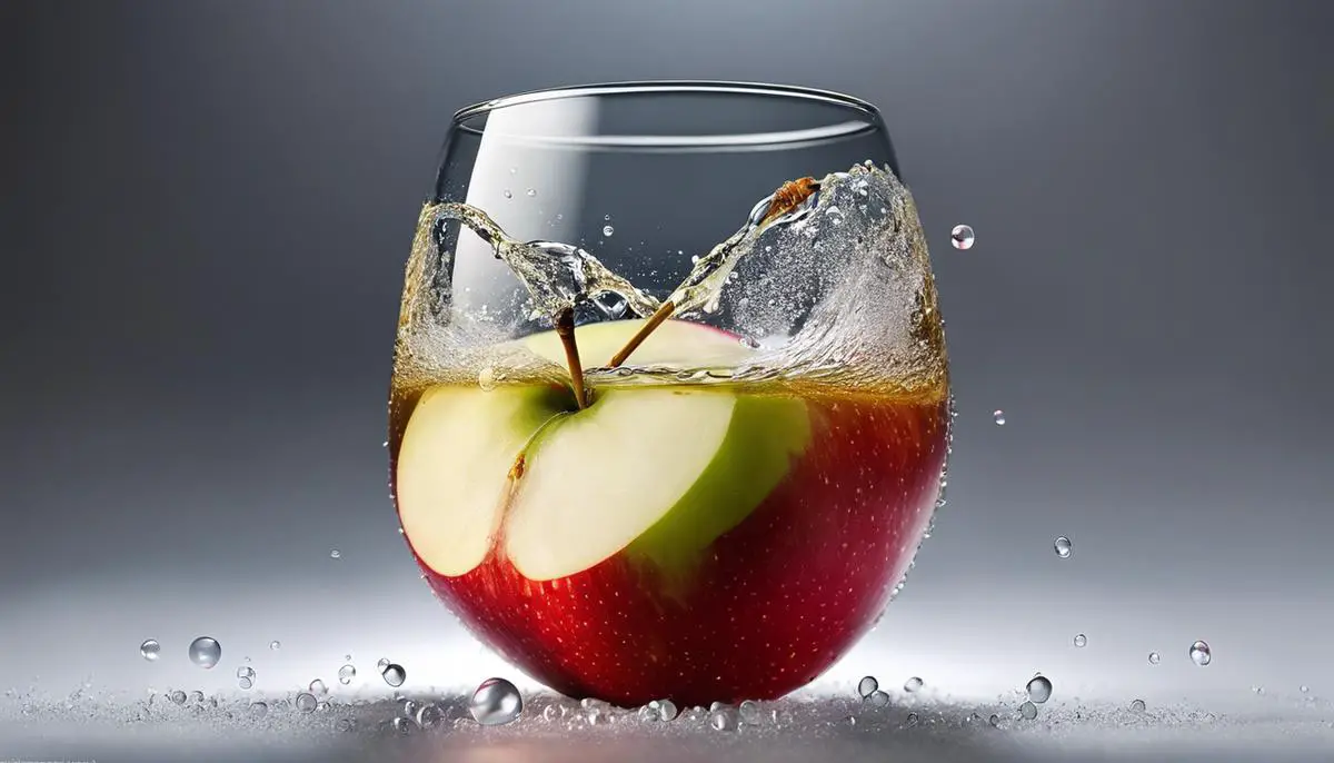 A glass of Apfelschorle with bubbles and a slice of apple floating in it.