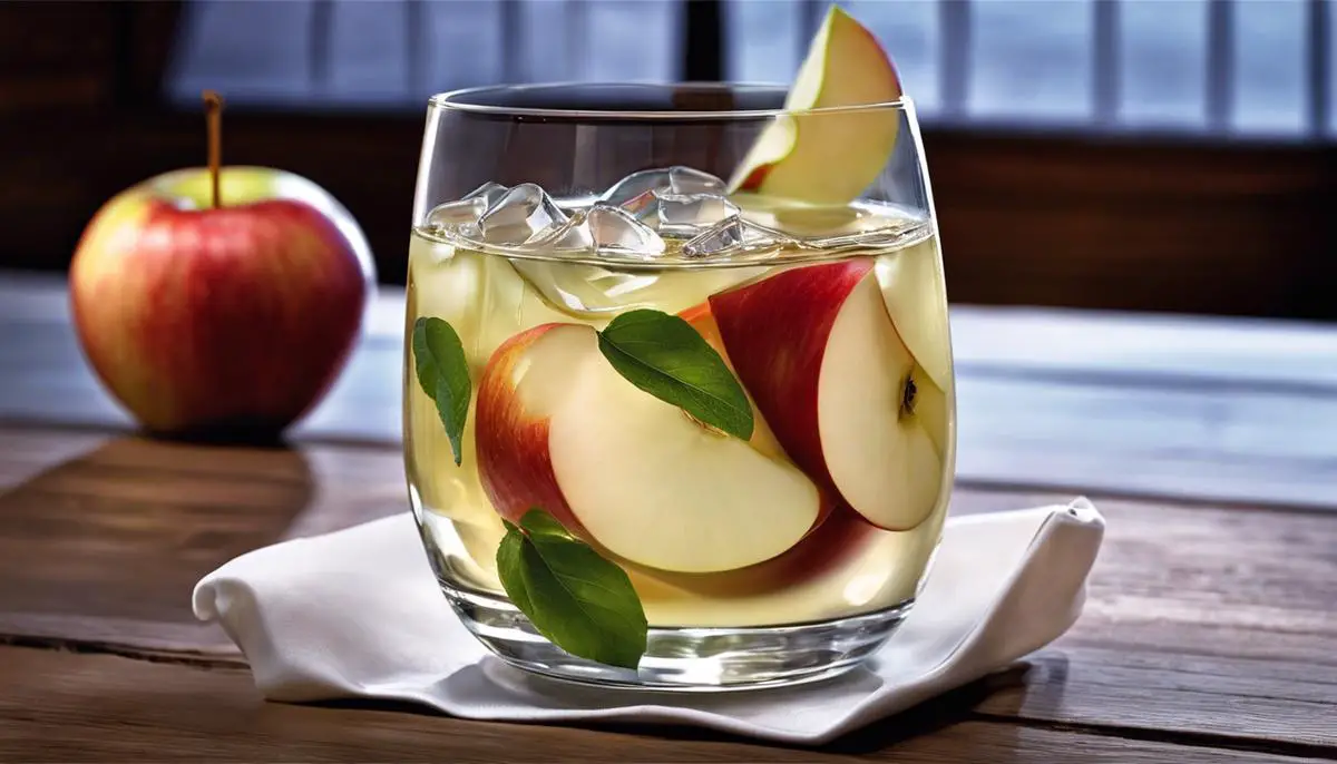 An image of a refreshing glass of Apfelschorle surrounded by floating apple slices.