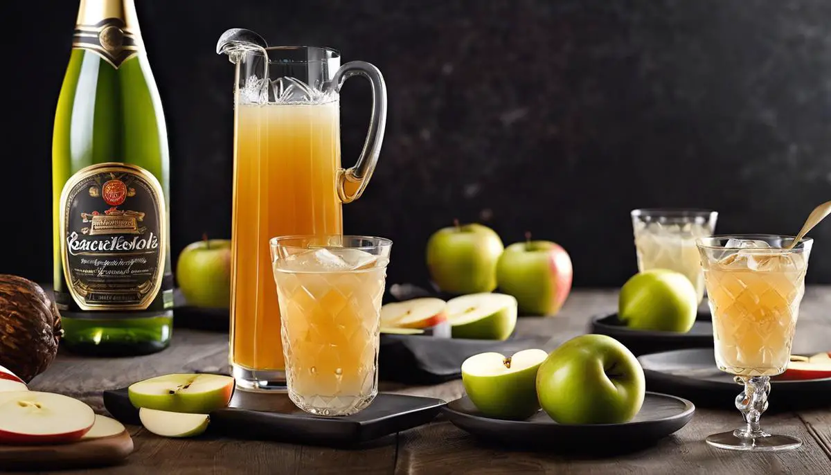 A variety of dishes paired with Apfelschorle, showcasing the versatility of this refreshing apple beverage.