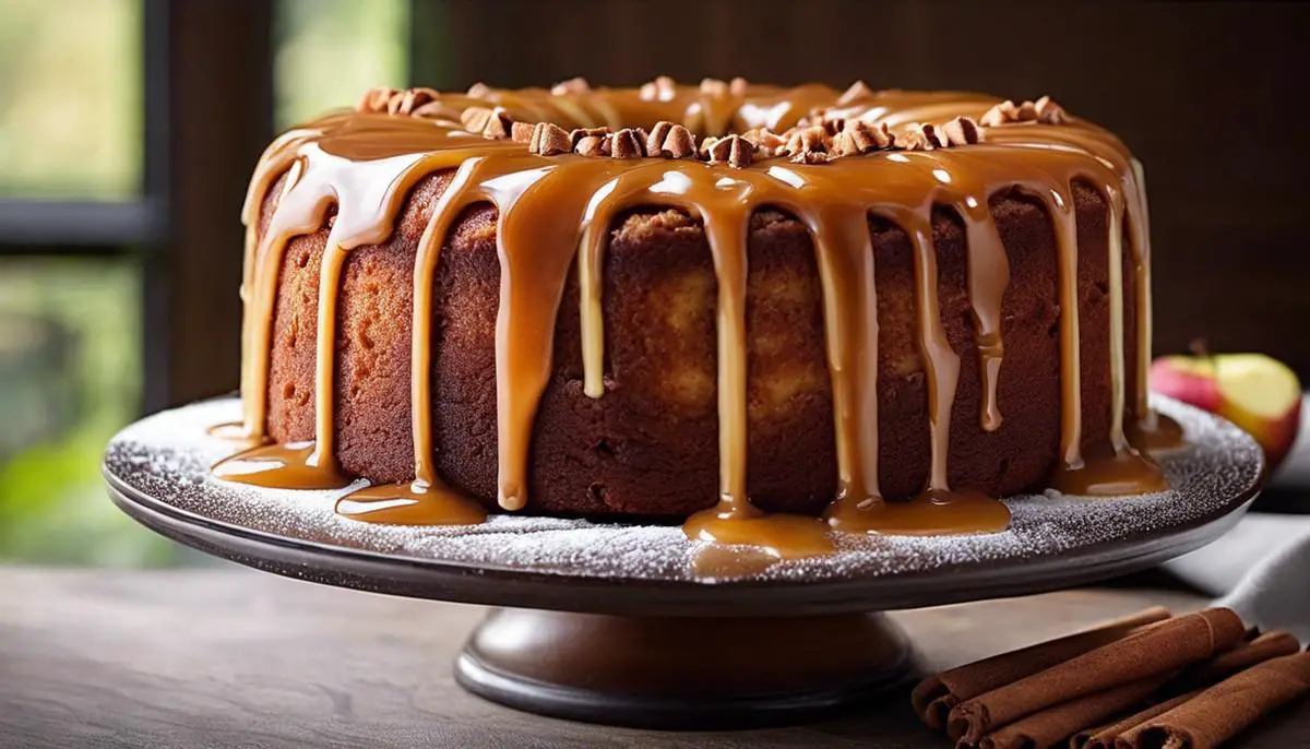 A delicious apple cake with caramel glaze and a dusting of cinnamon