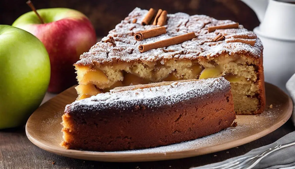 A deliciously moist apple cake topped with cinnamon-dusted apple slices.