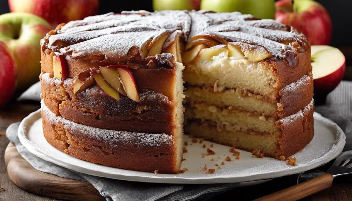A delicious apple cake with multiple layers of apple slices on top, perfectly baked and topped with powdered sugar.