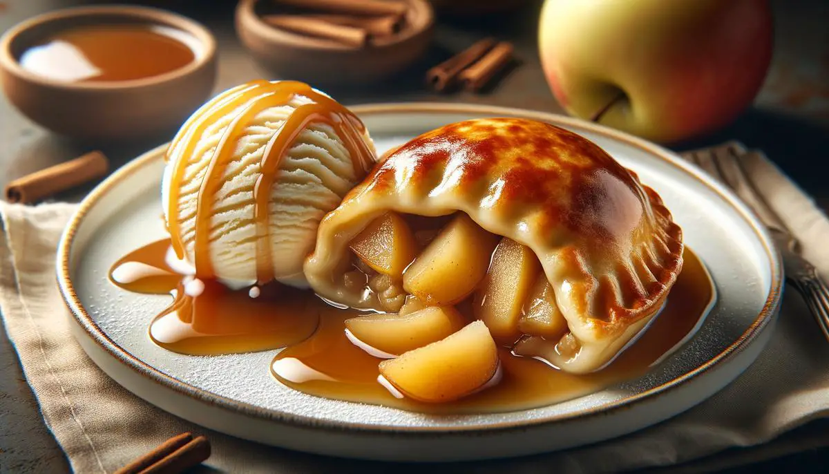 A delicious plate of warm apple dumplings with a golden crust, served with a scoop of vanilla ice cream and caramel drizzle