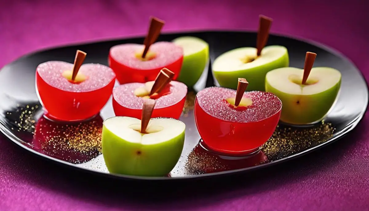 A platter of colorful apple jello shots garnished with apple slices and edible glitter.