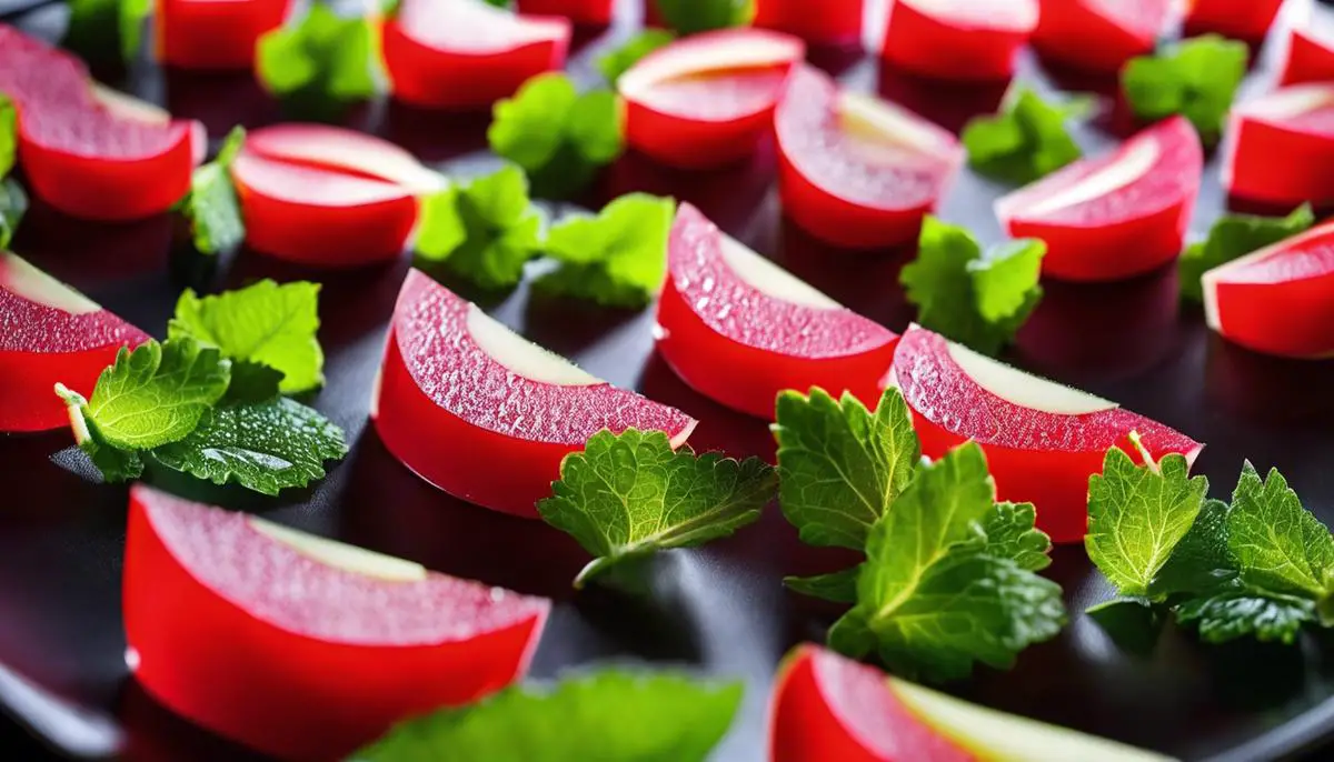 A tray filled with apple jello shots, each topped with a thin slice of apple, presenting a visually appealing and delicious treat.