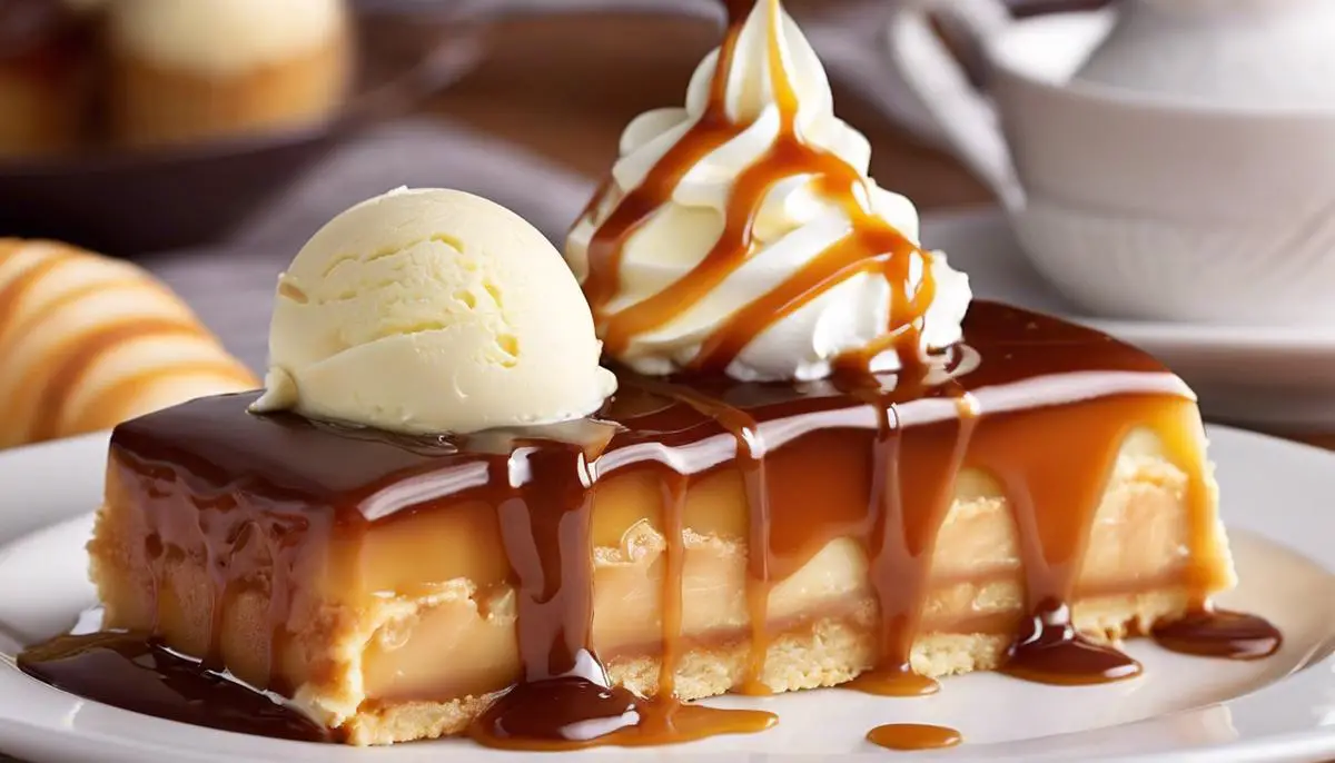 A delicious apples bar covered in caramel sauce and served with a scoop of vanilla ice cream.