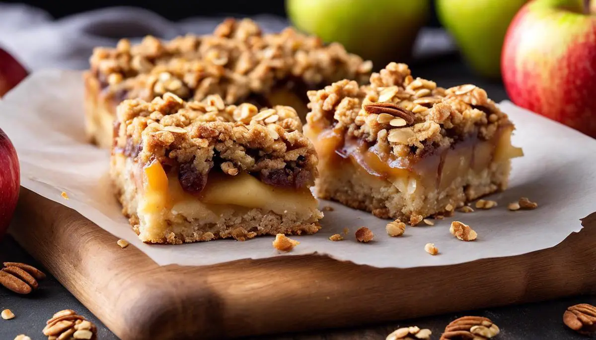 A close-up image of delicious apple bars with a crumbly oat topping, showcasing layers of cooked apples and a granola base.