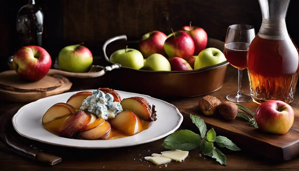 A photo showcasing various apple dishes and ingredients, including caramelized apples, roasted apples with blue cheese, and an apple-infused bourbon cocktail.