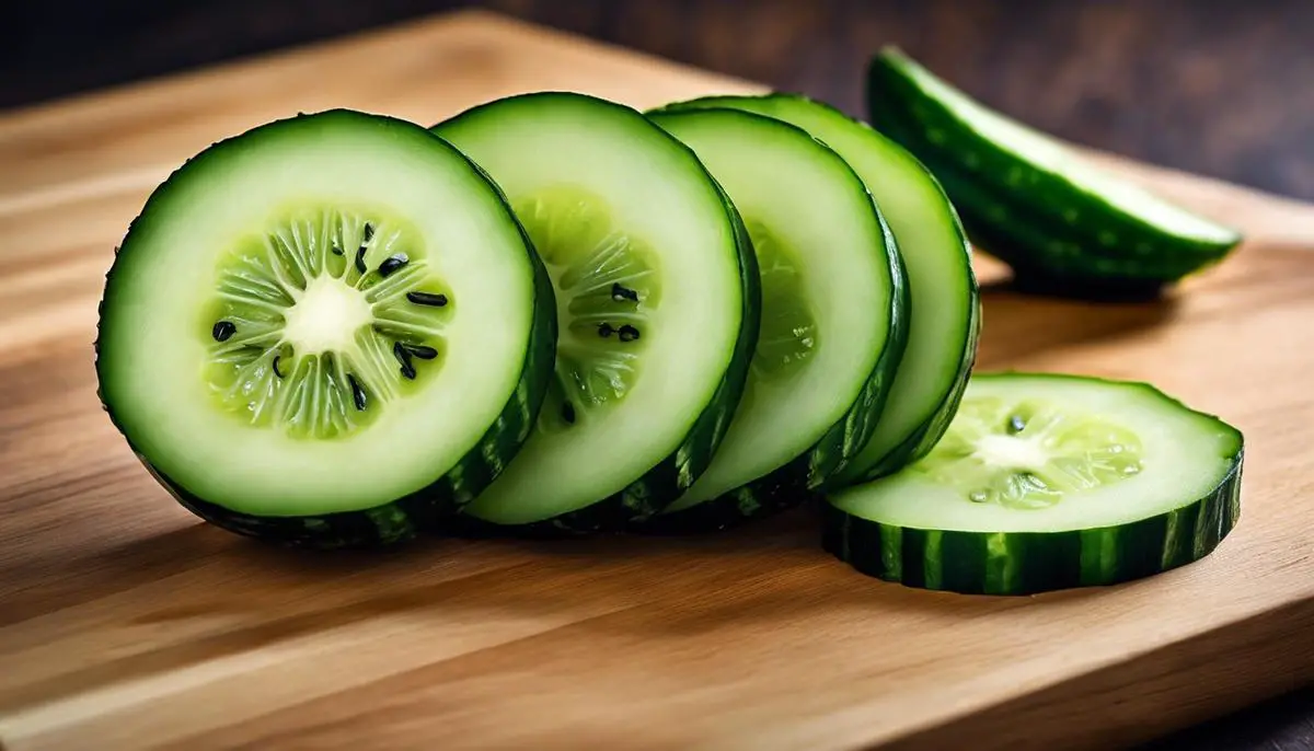 A close-up image of a sliced Armenian cucumber on a cutting board.