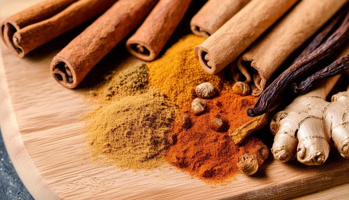 An assortment of common baking spices like cinnamon sticks, vanilla beans, ground ginger and whole nutmeg on a wooden cutting board.