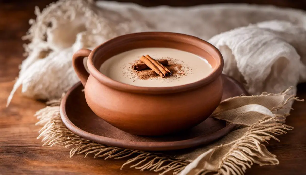 A bowl of atole topped with cinnamon and served in a traditional earthenware mug.