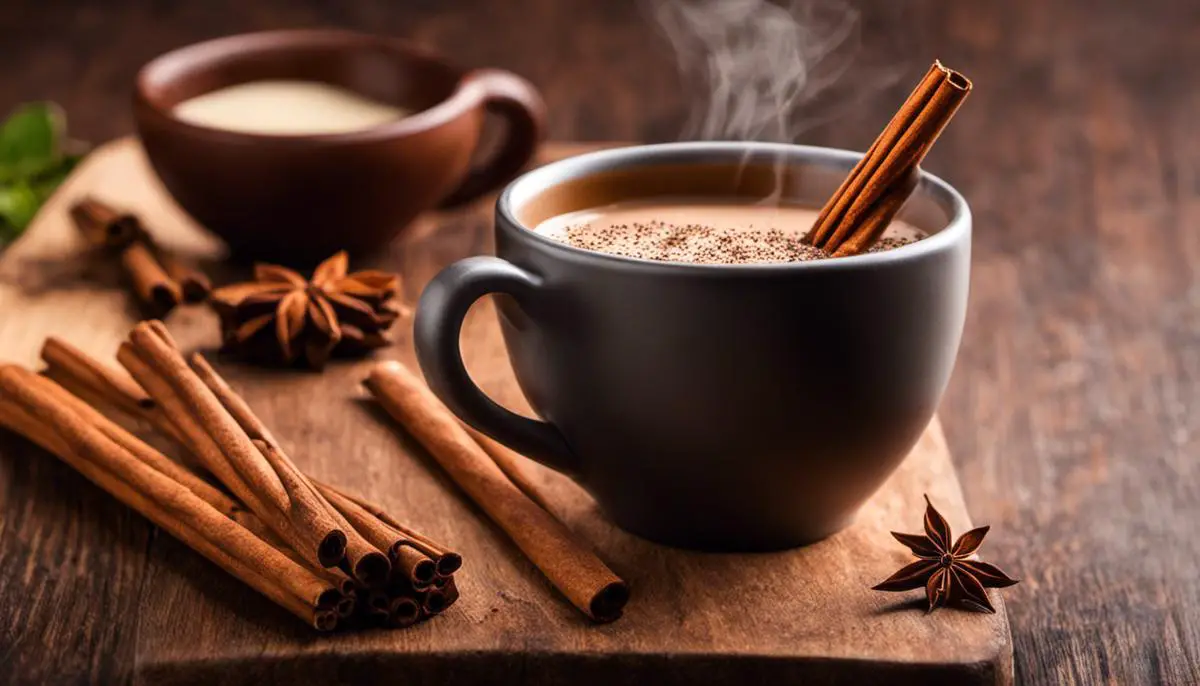 A steaming cup of atole with a cinnamon stick garnish, showcasing the warm and comforting nature of the beverage.