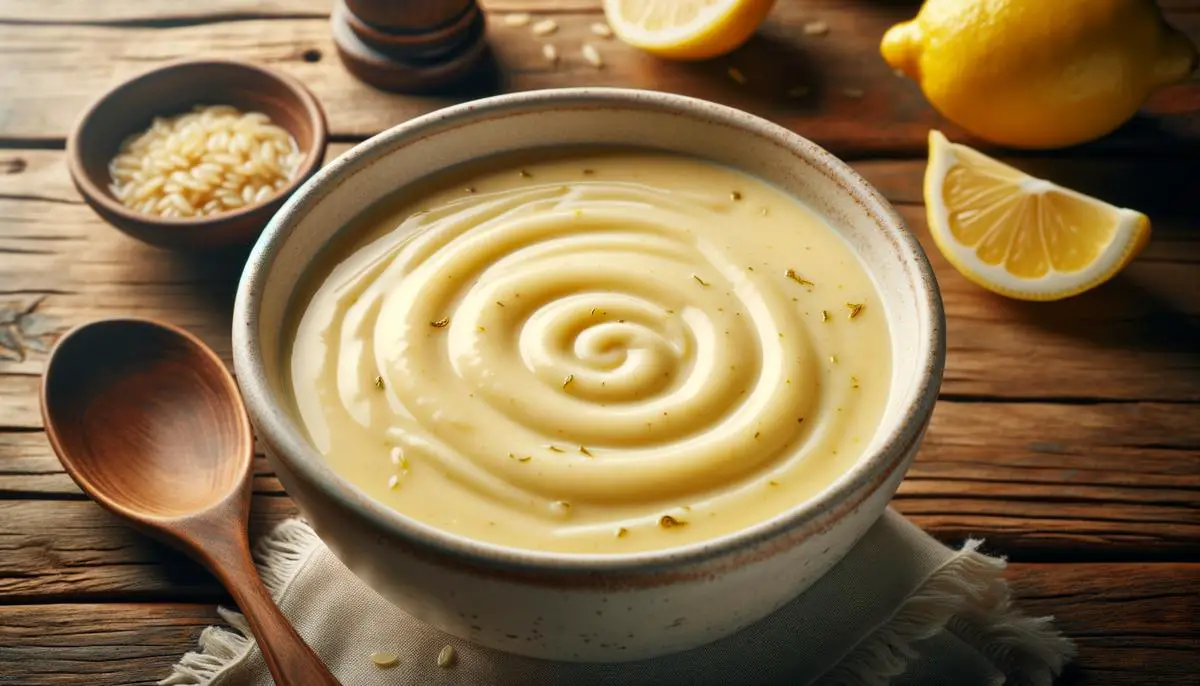 A bowl of silky-smooth avgolemono soup, showing velvety texture and a touch of lemon