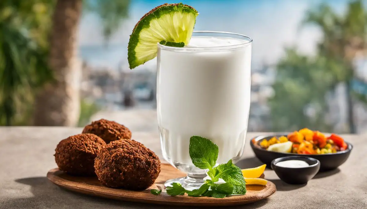 A glass of Ayran, a refreshing yogurt-based drink, served in a chilled glass alongside a plate of falafel and grilled kebabs.