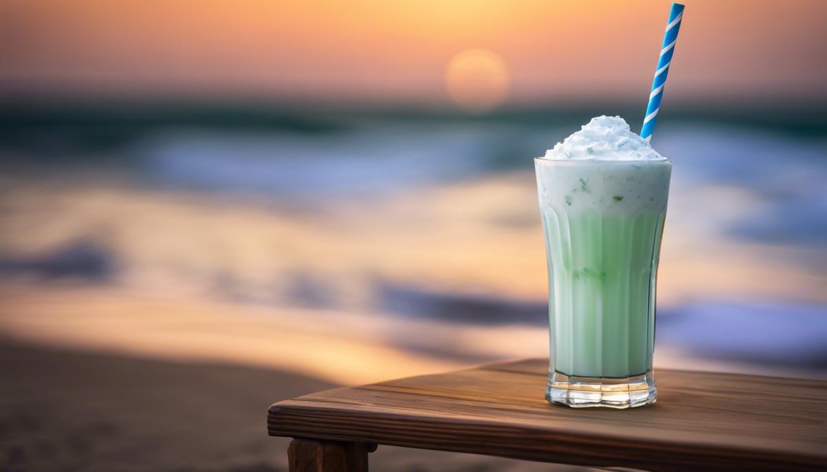 A glass of Ayran with a sprig of mint, presenting a refreshing and creamy Middle Eastern beverage