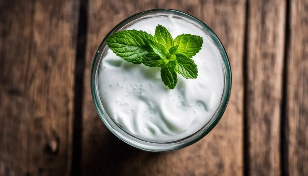 A glass of Ayran with a sprig of fresh mint on top.