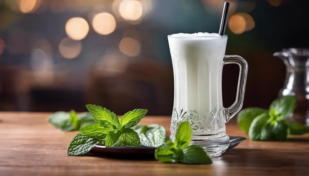 A glass of traditional Ayran, garnished with mint leaves, providing a refreshing and soothing visual appeal.