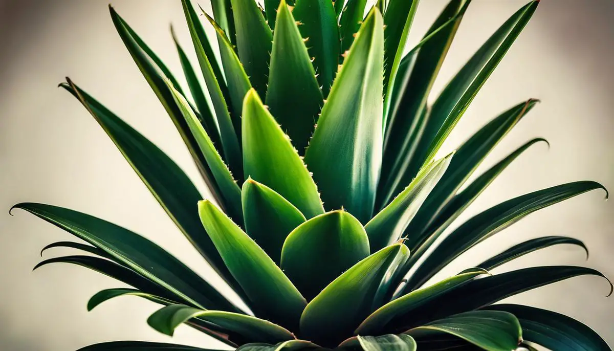 Image of a baby pineapple plant with vibrant leaves and a small pineapple growing at the center.