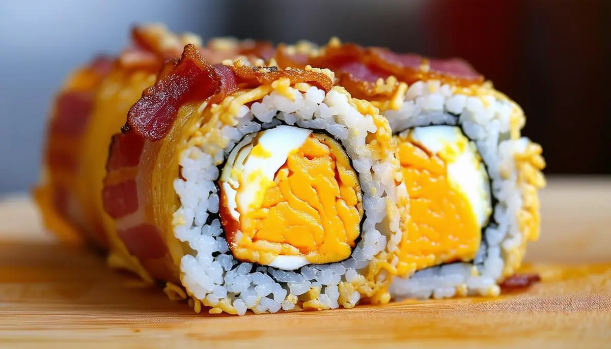 A cross-section view of a bacon, egg and cheese maki roll with crispy bacon, layers of tamagoyaki egg, and melted cheese