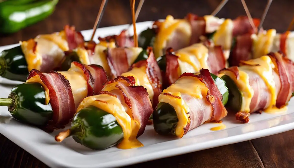 A plate of bacon-wrapped jalapeño poppers, each neatly wrapped with bacon and standing upright. The poppers are golden brown and the melted cheese filling is visible inside.