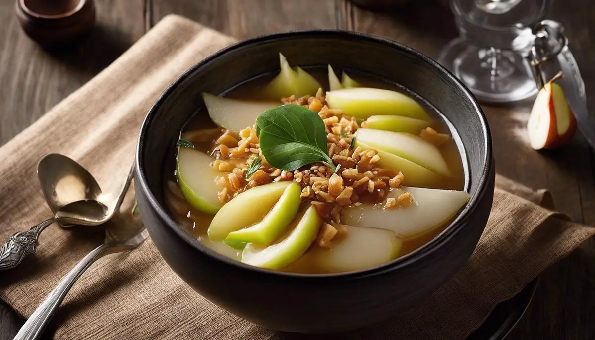 A warm and comforting bowl of Baesuk with sliced pears on top.