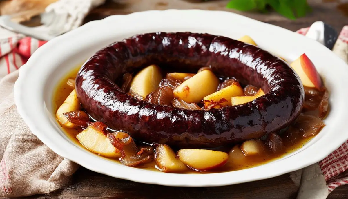 A Polish kaszanka blood sausage baked with onions and apples